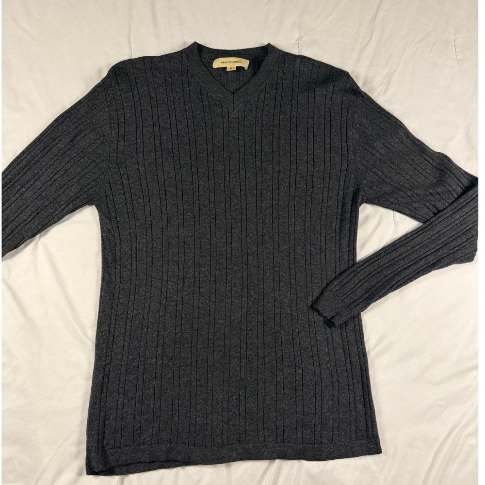 Pronto‎ Uomo Silk Cashmere Blend V-Neck Ribbed Sweater Mens M Charcoal Gray Knit